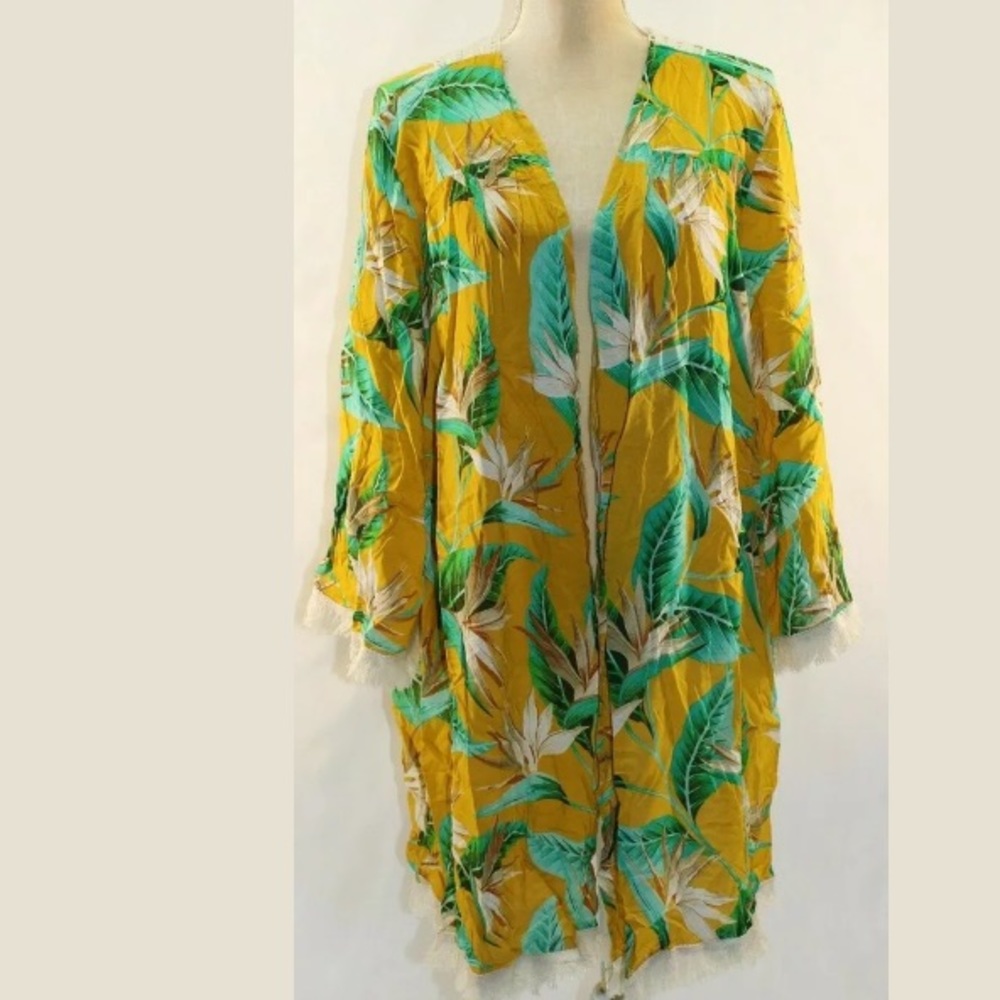 Marigold Tropical Fringe Lace-Back Kimono Size 3X